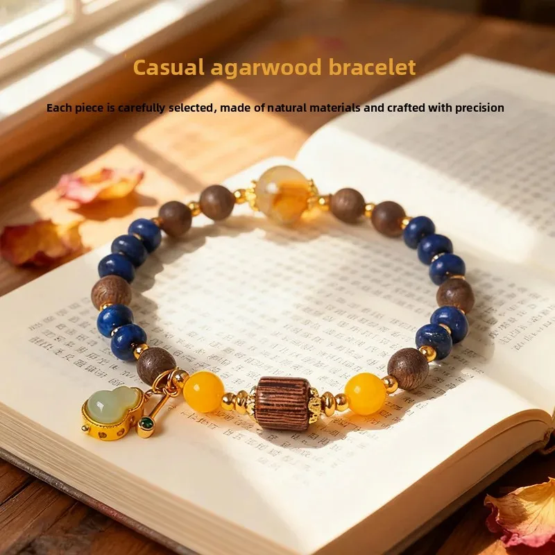 Chinese Style Natural Lapis Lauli Beaded Bracelet Women's Artistic Exquisite Natural Aquilarius Yellow Tower Crystal Hand String