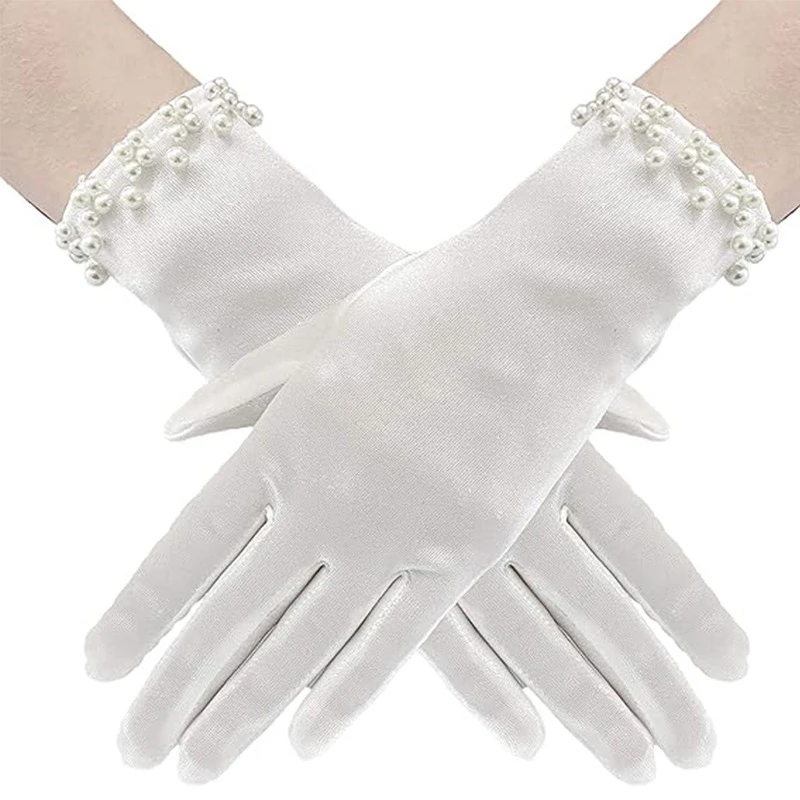 Short Bridal Gloves Fully Covered with Pearls, Mori Style Etiquette Gloves for Wedding Dress, Studio Photoshoot Accessory