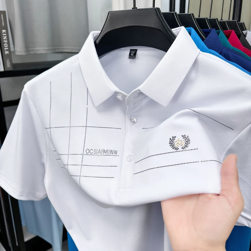 

Fashion High End Summer Trend Bamboo Print High Elastic Men's Lapel Polo Short Sleeved Casual Cool Business Designer T-shirt Top