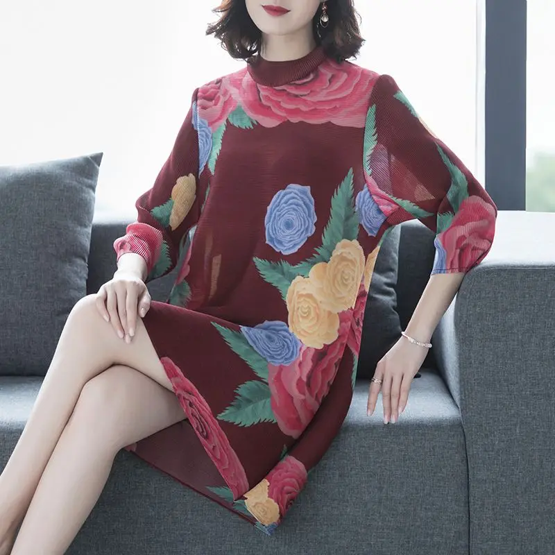 2024 New Loose Dress Women's Spring and Autumn Standing Neck Printed Mid length  long dresses for women