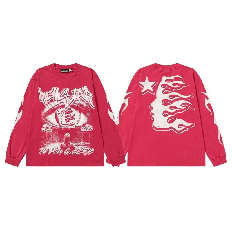 Hellstar Ins US Streetwear Print Vintage Wash High Street Unisex Loose Trendy Casual Base Layer Long Sleeve Tee Niche