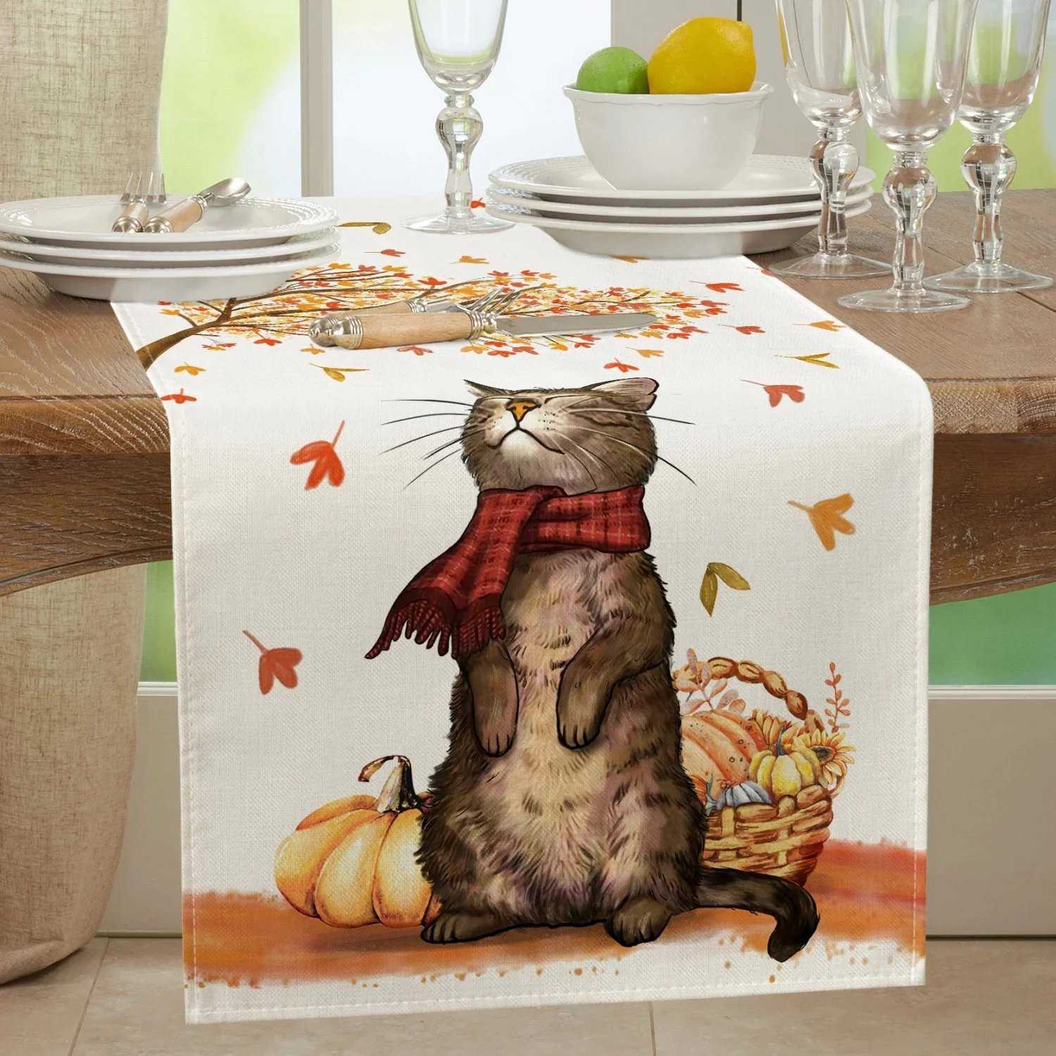 Fall Cat With Leaves Table Runner, Holiday Decor, Pumpkin Table Runner, Seasonal Table Runner, Farmhouse Table Runner
