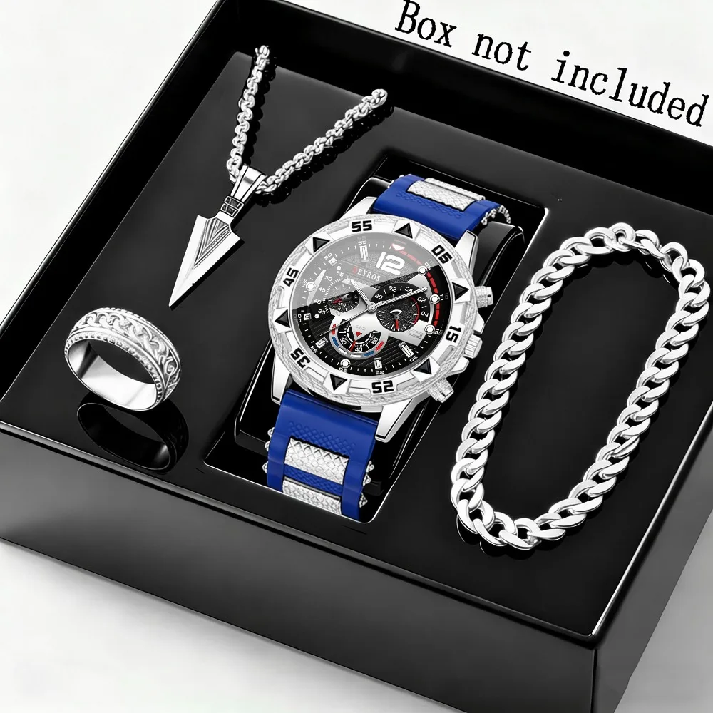 4pcs/set Luxury Men Watch & Men's jewelry set - Men's Necklace, Bracelet, Ring, Men'S Quartz Watches | Sports Watch for Men