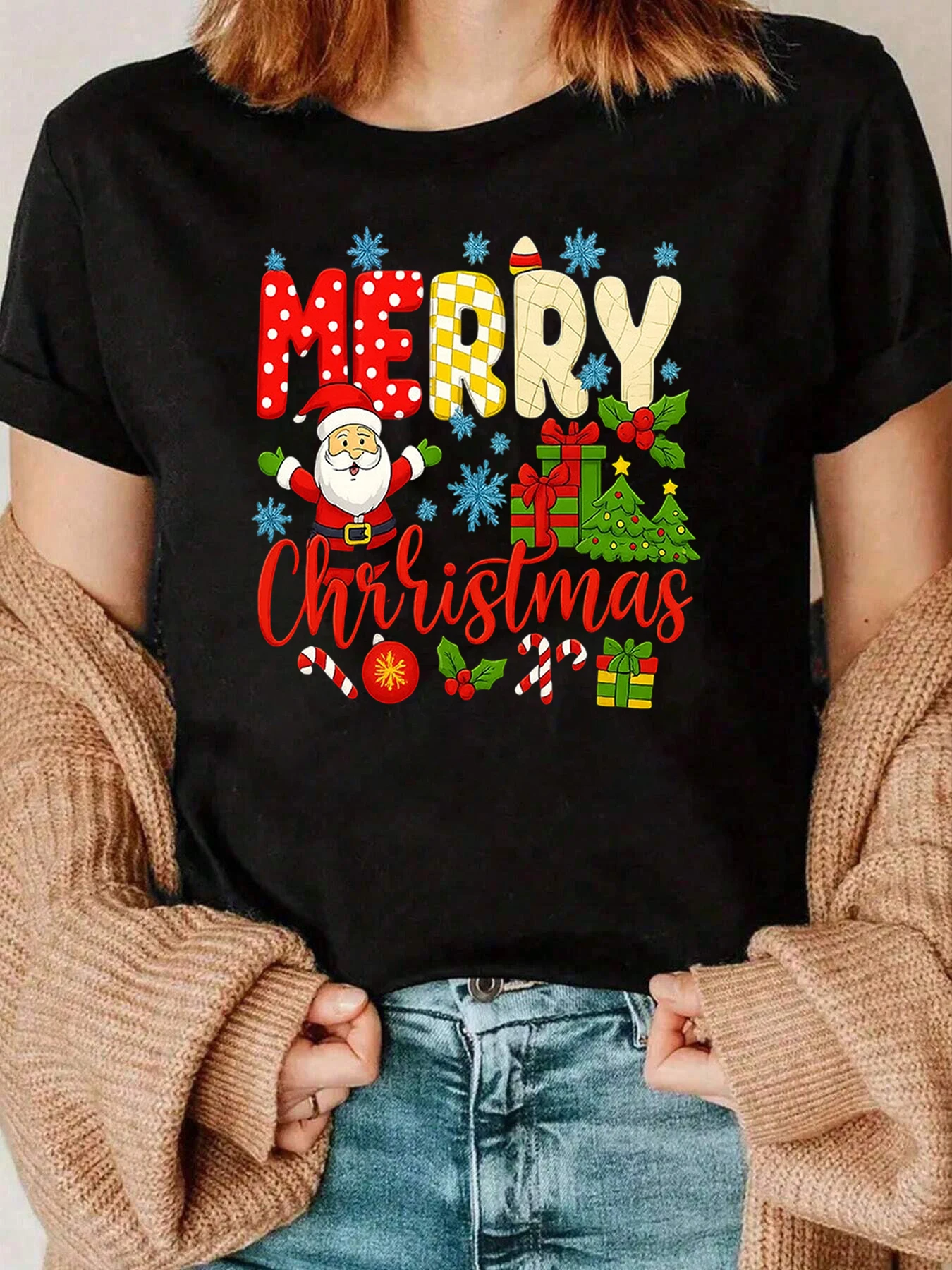 Feliz Navidad Santa árbol regalo estampado vacaciones camiseta mujer Casual fiesta desgaste 220g