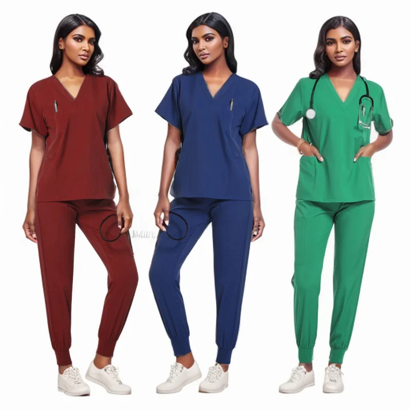 

Hospital Doctor Nursing Uniform Women Wholesale Casual Short Sleeved V-neck Jogger Suits Nurse Pharmacy Working Medical Uniform