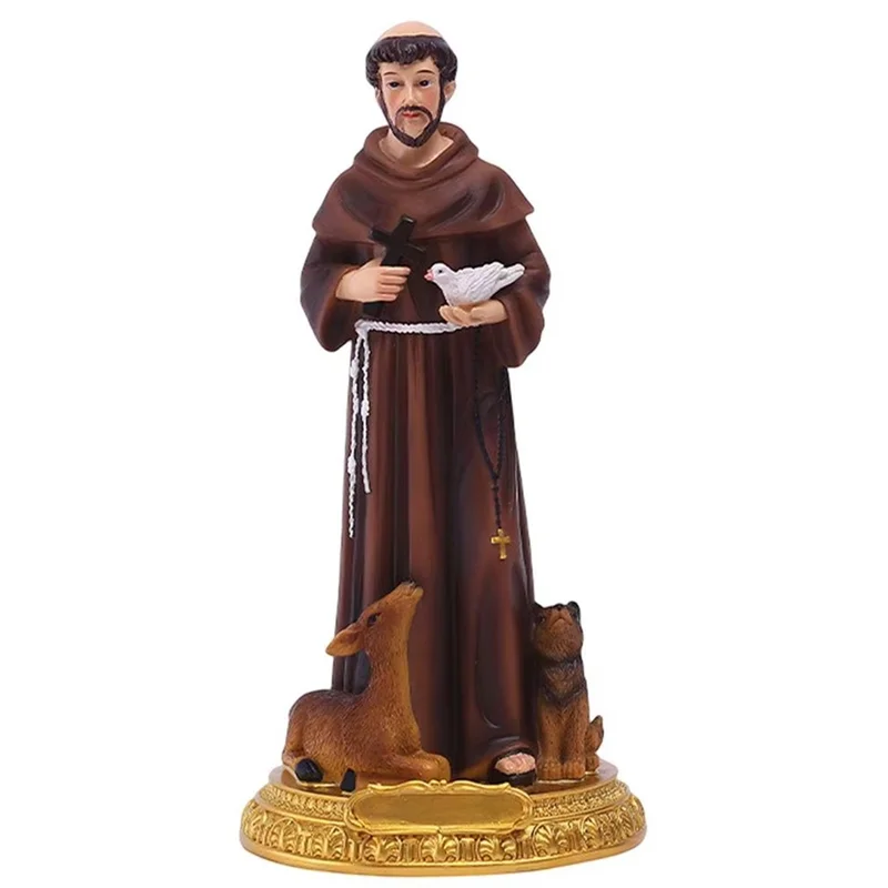 Statue de Francis en résine peinte à la main, Figurine avec colombes croisées, Sculpture de bureau, ornement, cadeau de noël pour la maison, AT51-St