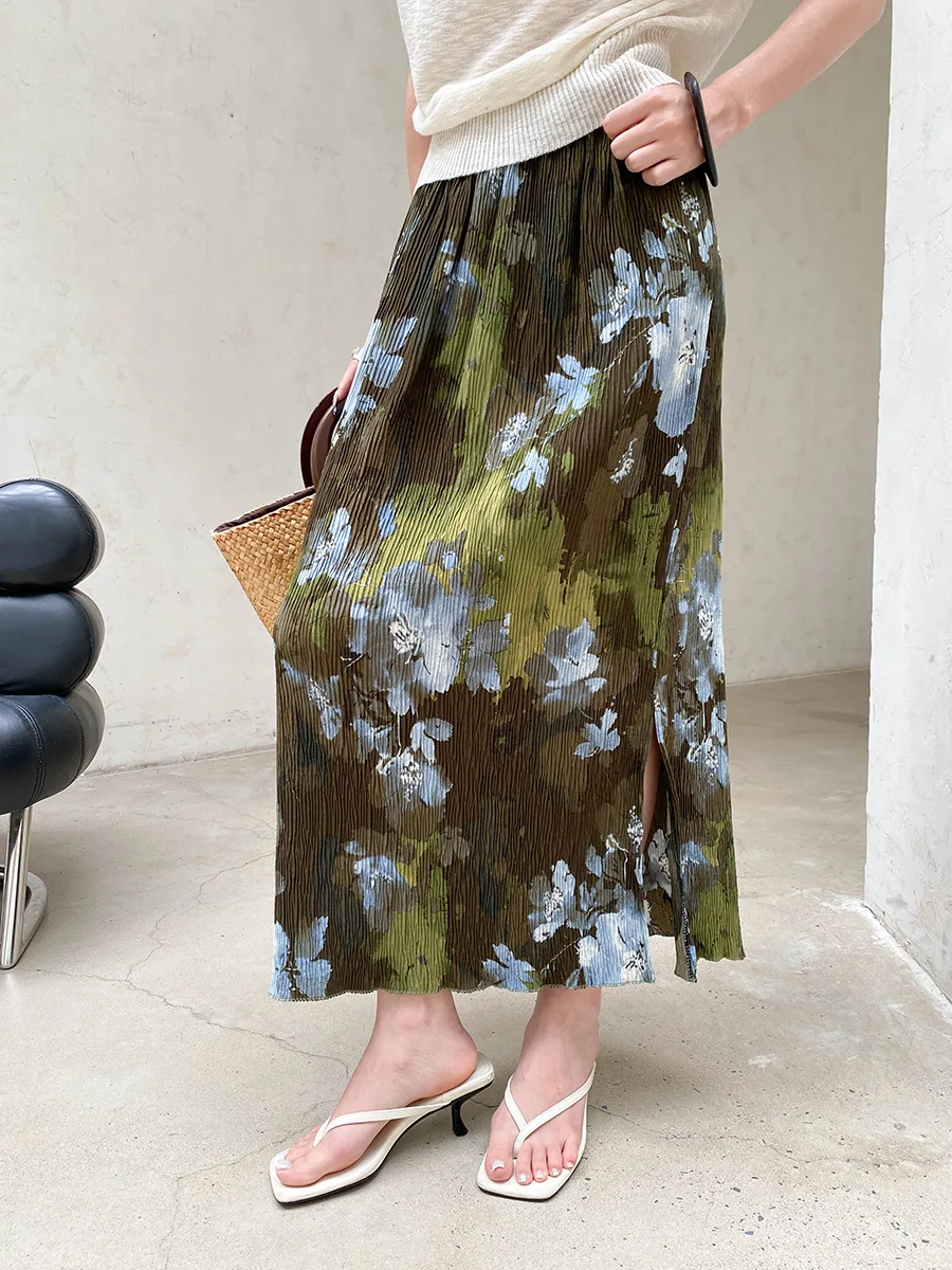 Sommerlicher Damenrock mit elastischem Bund, plissierter Textur, Retro-Print und geradem Schnitt – Detail 11