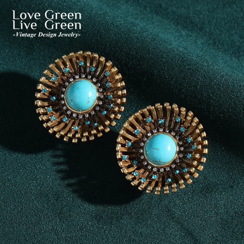 

Vintage Turquoise Earrings Studs Antique Gold Color Flower Blue Natural Stone Rhinestones Round Woman Accessories 2025 Designer
