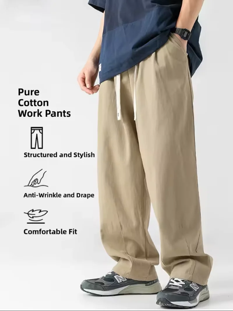 

Japanese Vintage Men's Pleated Trousers Fleece Lined Casual Pants Sand Washed Cotton Elastic Waist Loose Straight Leg For Winter