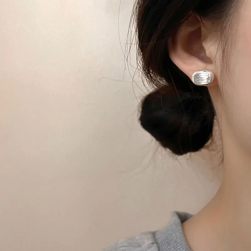 LIVVY  Silver Color Scrub Oval Earrings Korean Charm Women New INS Fashion Simple Geometry Jewelry Accessories