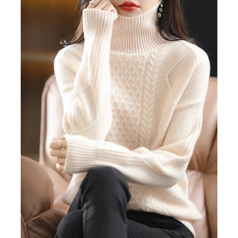 2023 Autumn And Winter Pure Woolen Sweater Long Sleeved Women\'s Loose Fashion High Neck Twisted Flower Knitted Bottom Shirt