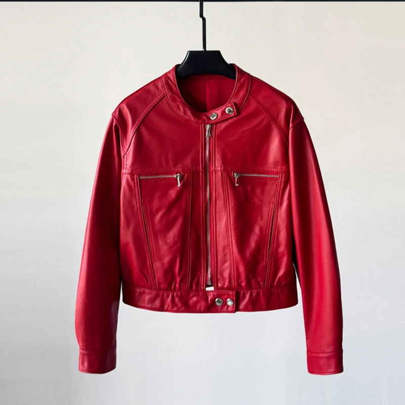 レディースカジュアルショート丈本革ジャケット 2025年秋ファッション スタンドカラー ジッパー付き シープスキン ライダースジャケット コート