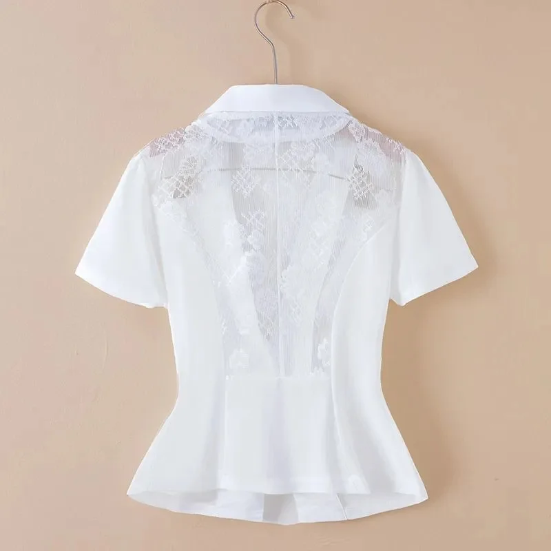 Hollow Lace Women Blazer Jacket Summer 2024 New Temperament Thin Cardigan Sun Protection Clothing Ladies Short Sleeve Suit Tops