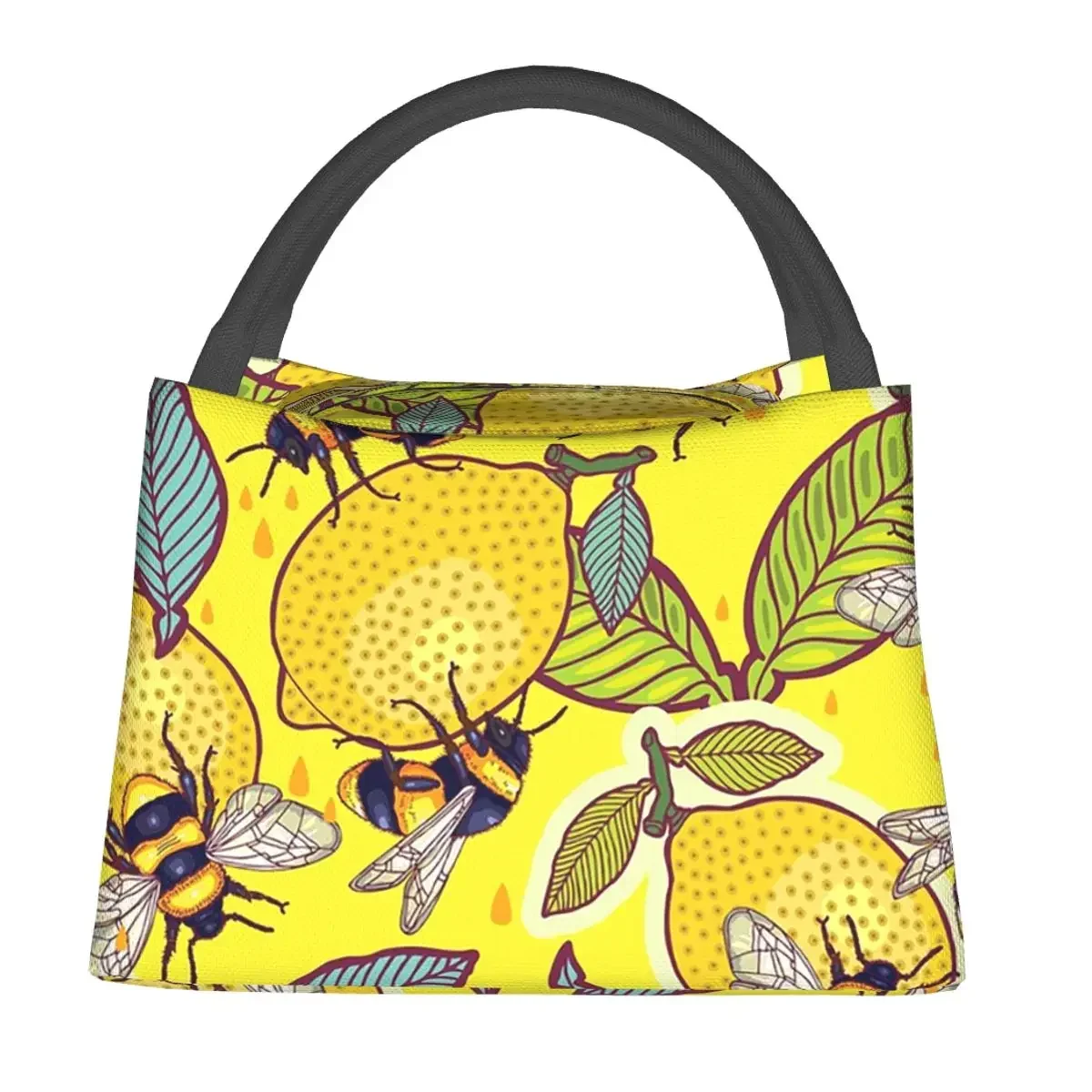 Yellow Lemon And Bee Garden Lunch Bags Insulated Bento Box Leakproof Lunch Tote Picnic Bags Cooler Thermal Bag for Woman Office