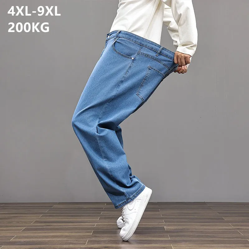 

Мужские джинсы на весну, до 200 кг, размеры 9XL, 8XL, 7XL, большие размеры 56, 60, 63, свободные, с высокой талией, прямые, эластичные, джинсовые брюки оверсайз