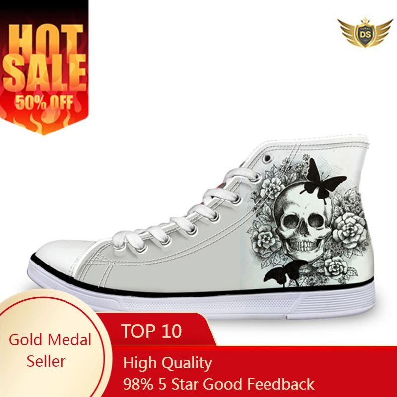 White Canvas Fabric High-top Men Fashion Shoes 3D Custom Skull Pattern Design For Autumn Sports Non-Slip Flats Shoes Men