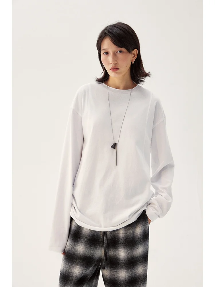 

UMILAB Хлопковая футболка премиум-класса с длинным светом, повседневная свободная посадка, круглый слот на пуговицах, стандартная длина, осень 2025 г.