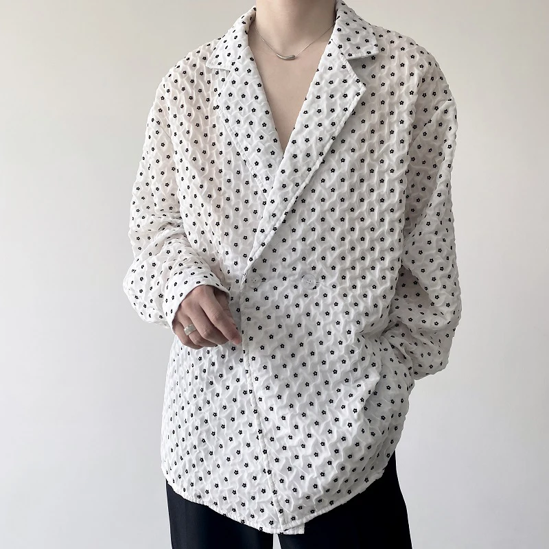 

Niche Design Men's Shirts Lapel Contrast Color Pleated Printing Long Sleeved Double Breasted Loose Male Tops Trendy 9X1265