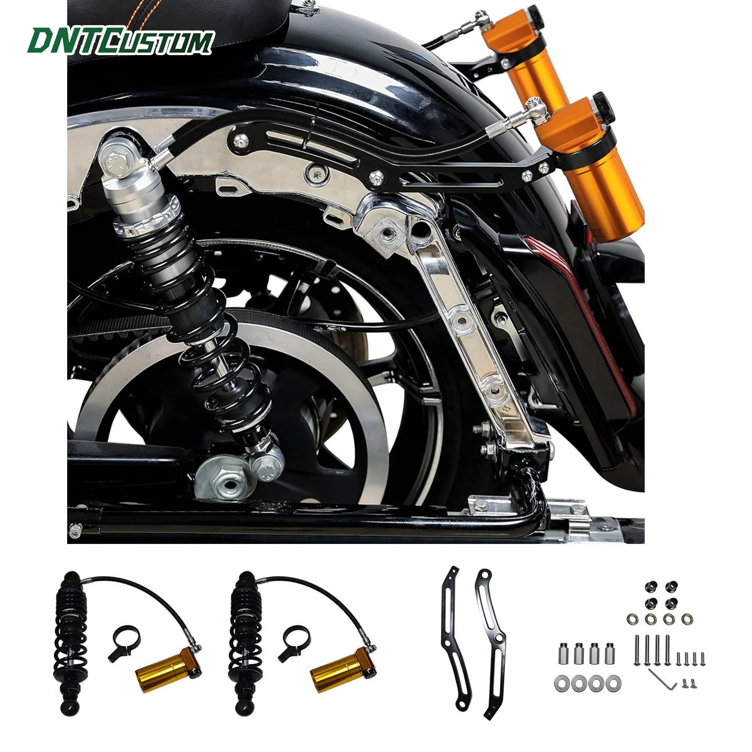 

DNTCUSTOM Gold Adjustable Remote Reservoir Rear Suspension Shocks For Touring CVO Road Street Electra Glide Road King 2014-2025