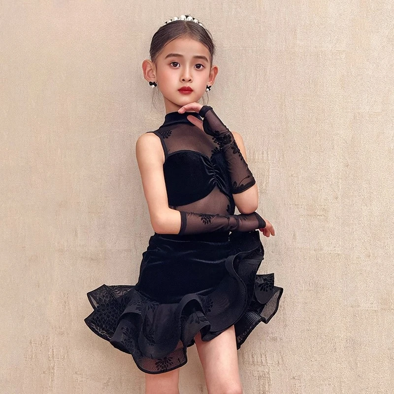 Costume de danse de salon Lati personnalisé pour enfants filles, ensemble de costumes de performance de pratique de compétition avancée, robe à franges faldas