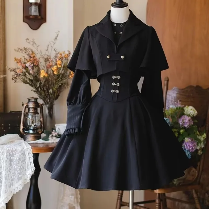 Women Gothic Y2K 3 Piece Set Long Sleeve Shirt Shawl Coat Slim Strap Dress Autumn Dark Outfit