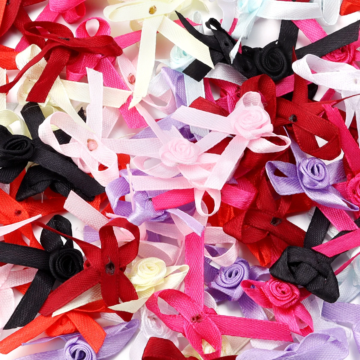 50Pcs/lot Satin Ribbon Bow Colourful Cute Small Bow With Rose Flower DIY Crafts Wedding Hair Accessories Decoration Supplies