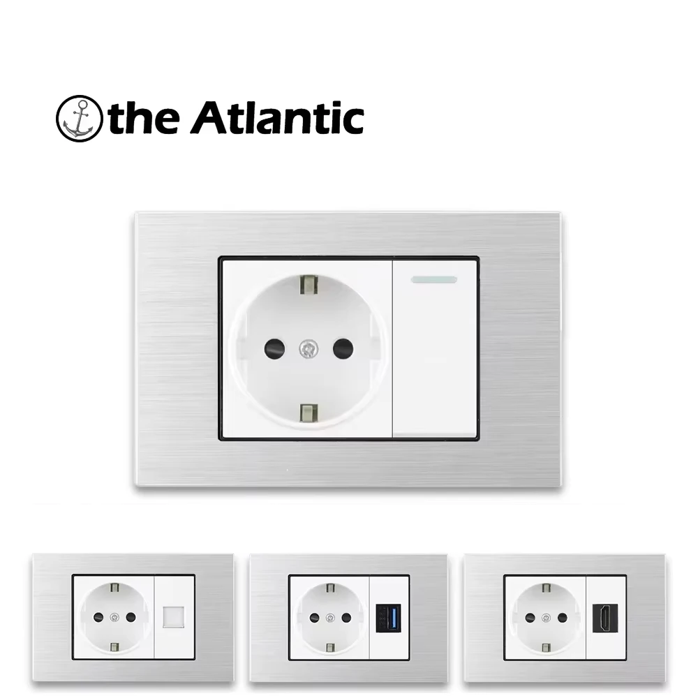 

EU Household Power Socket Korean Spanish Plug Power Socket 16A 250V With Switch Socket And USB Data RJ45 TV Silver White Metal