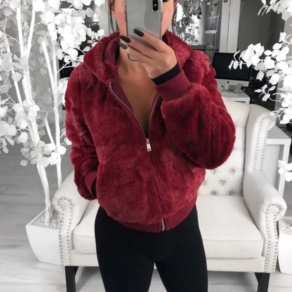 New Faux Fur Women Coat With Hood High Waist Fashion Slim Black Red Pink Faux Fur Jacket