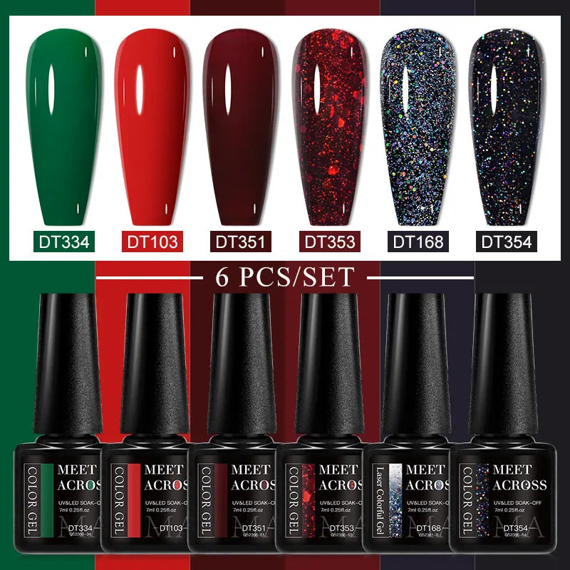 

MEET ACROSS 6PCs/SET Green Red Black Gel Nail Polish Set 7ML Christmas Series Semi-Transparent Nail Polish Soak Off UV LED Gel