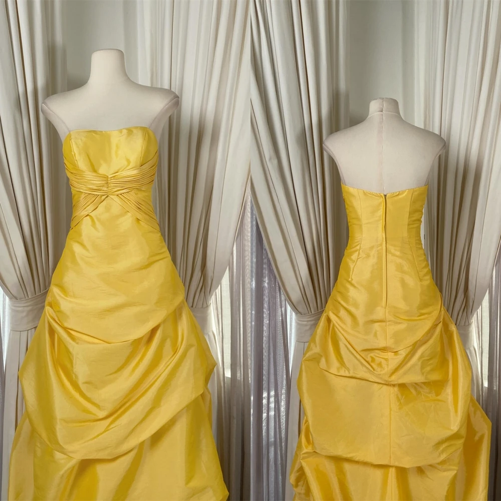 Customized Delicate yellow Satin Evening Dress Temperament Strapless Sleeveless Cocktail Dress High Quality Celebrity Gowns
