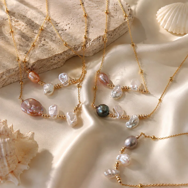 Baroque Pearl Necklace Mixed Tahiti Style Pearls Dainty Gold Chain Luxury Elegant Clavicle Necklace For Women