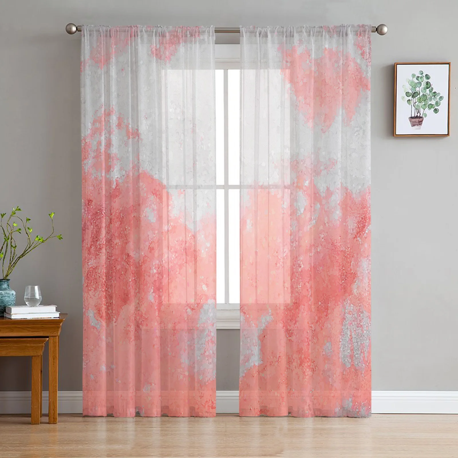 Mottled Watercolor Oil Painting Pink Bedroom Transparent Sheer Curtains Holiday Decoration Window Voile Tulle Curtain