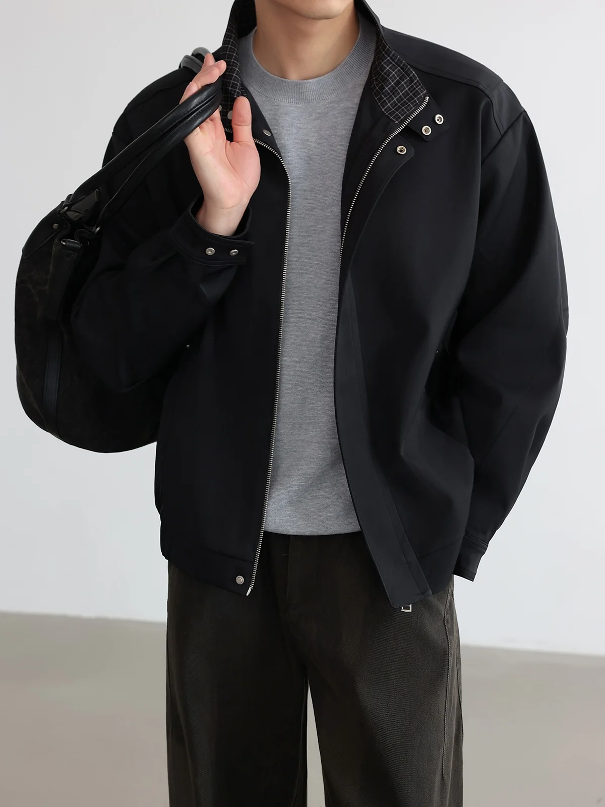 Harrington Men's Autumn Stand Collar Jacket Matte Color Block Plaid Fashionable Commuter Coat Standard Fit Windproof Long Sleeve