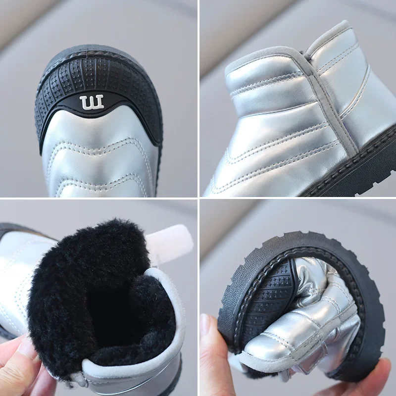 Winter Boots Girls Cotton Shoes Fashion Kids Boys Ankle Boots Soft Bottom Warm Student Boot Silver Black Pink