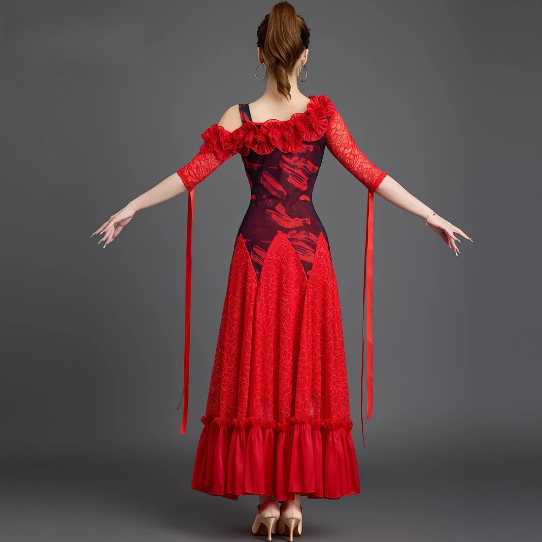 

New Mid-sleeve Lace Modern Dance Dress Summer Practice Clothing National Standard Waltz Social Dance Performance Clothing