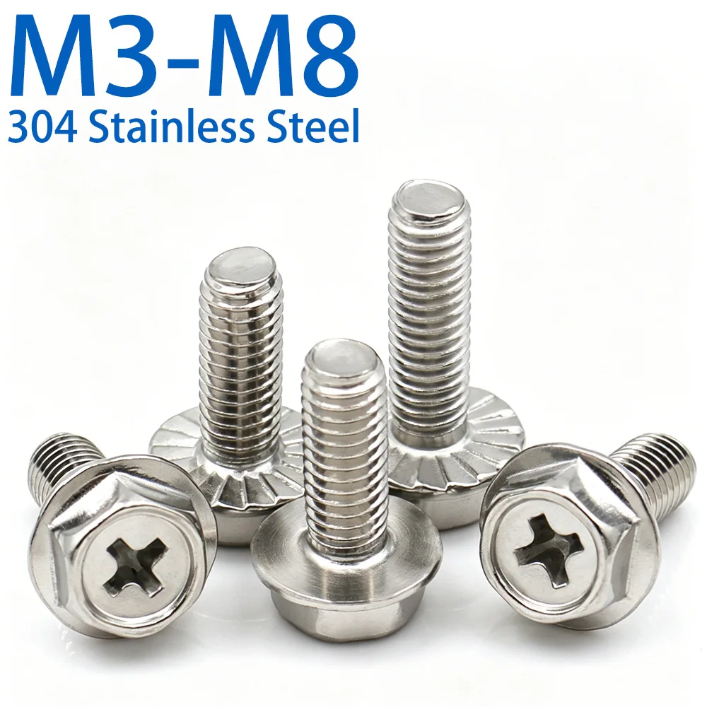 M4-M8 304 Stainless Steel Phillips Hex Flange Bolts Serrated Non-Serrated Hex Washer Head Machine Screws