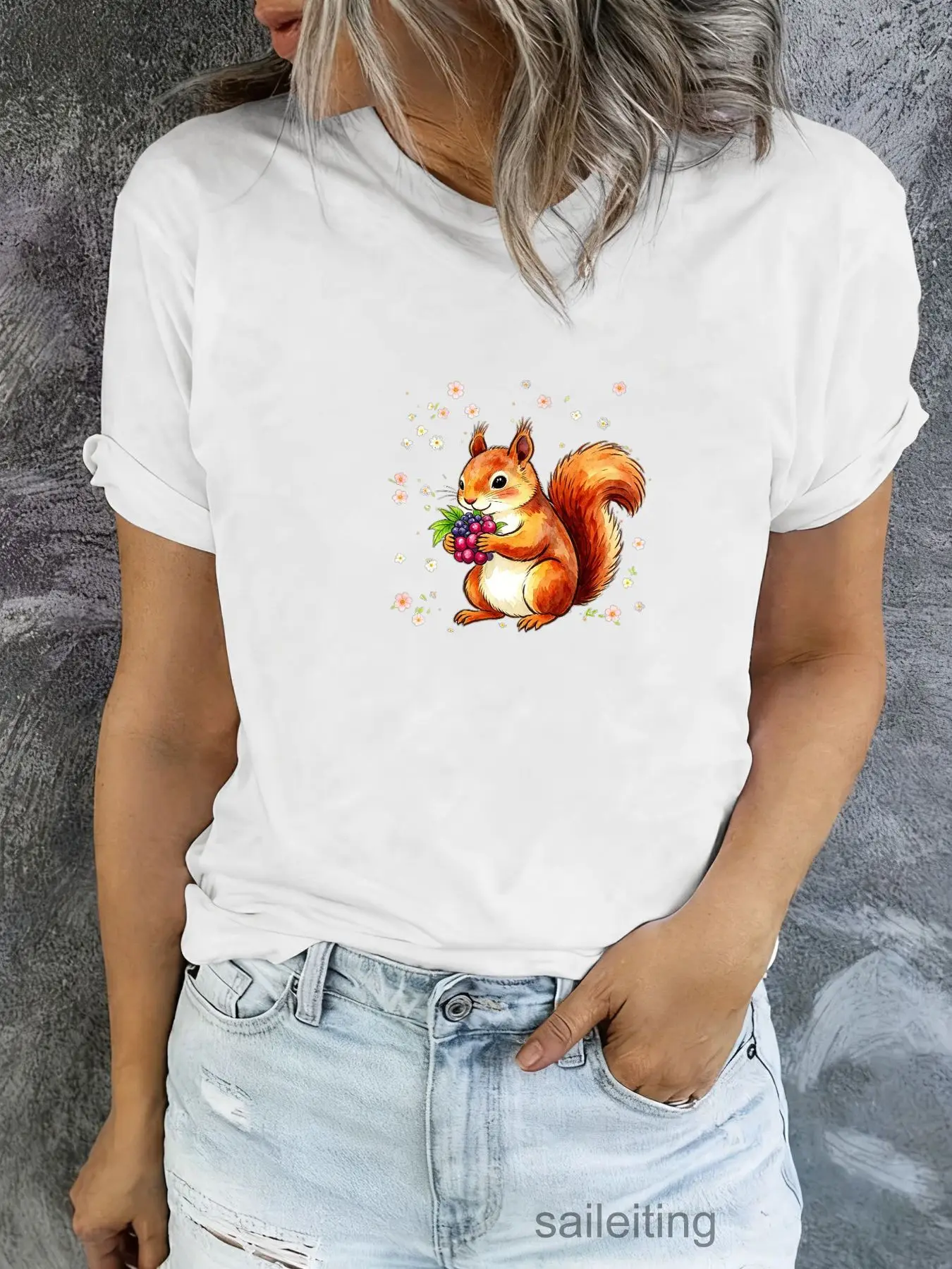 Cute Red Squirrel Watercolor T-Shirt Women Men, Fluffy Animal Holding Purple Berries with Golden Sparkles, Casual Short Sleev