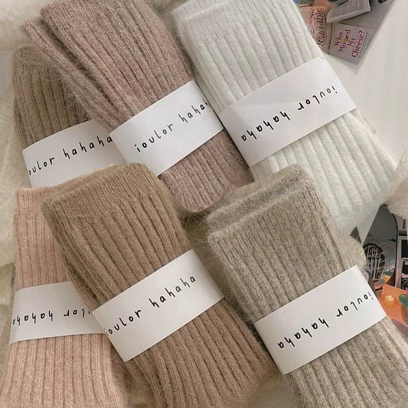 

Зимние кашемировые носки для женщин, вязаные утепленные однотонные шерстяные длинные носки в полоску в стиле Харадзюку, термобелье средней длины