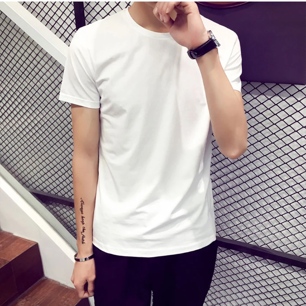 Daily Leisure Men Shirt Men Cotton T-Shirt Crew Neck Round Neck Short Sleeve Slim Fit Solid Color Breathable Casual