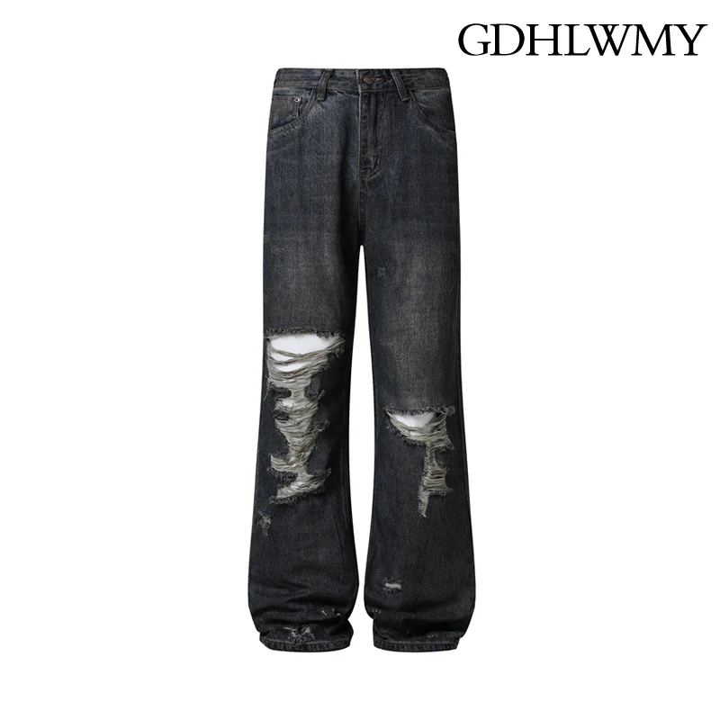 GDHLWMY Trendy Beggar Wind Broken Hole Water Washed Jeans Men's and Women's Straight Tube Carbonized Deep Blue Matte Long Pants