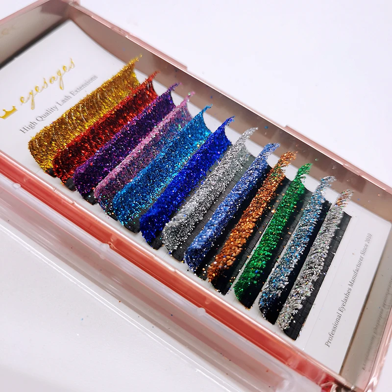 Cores misturadas Glitter Extensões de Cílios, Cílios Falsos Coloridos Brilhantes, Falso Volume Russo, Cílios Individuais para Suprimentos de