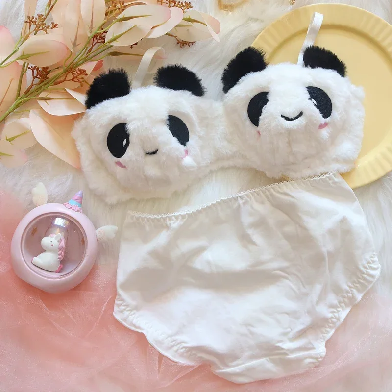 

Cute Panda Heart Women's Winter Plush Bra & Panty Set, No Steel Ring, Soft Japanese Style Lingerie