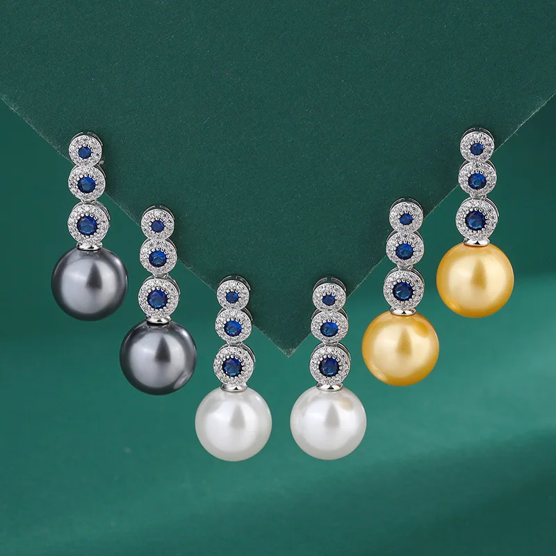 

S925 Silver Micro Pave Blue Zircon Pearl Stud Earrings for Women, Unique Jewelry, White Shell Pearl Earrings, Luxurious and Eleg