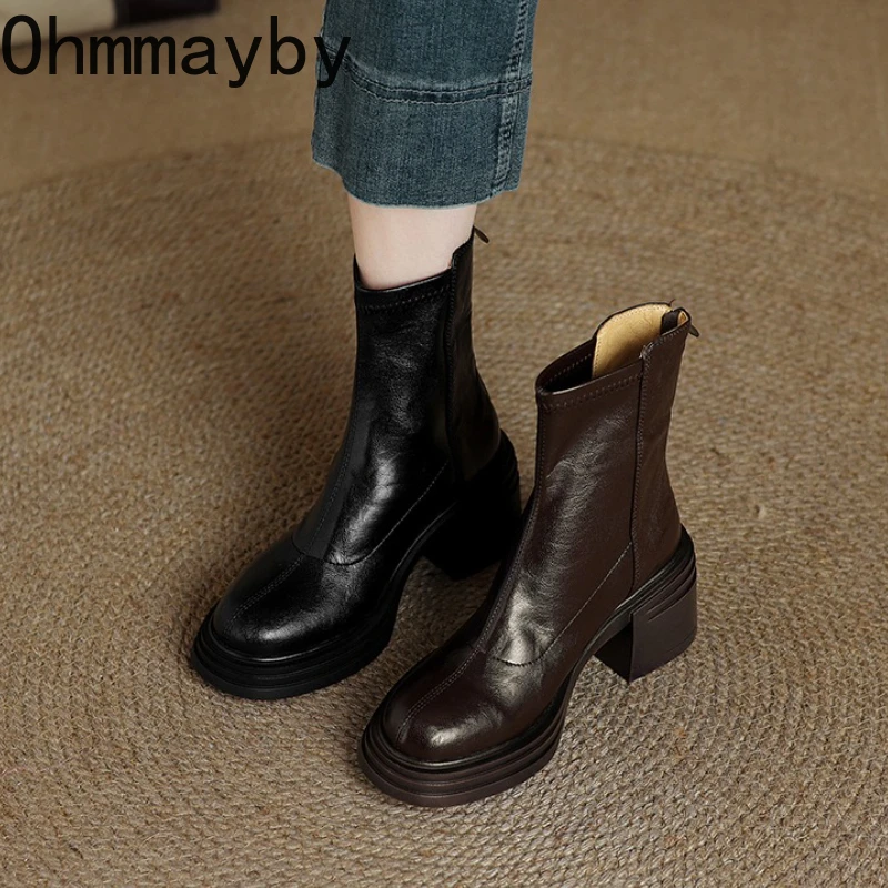Vintage Platform Heels Women Ankle Boots Fashion Round Toe Stretch Slim Short Booties Shoes Zapatos Mujer