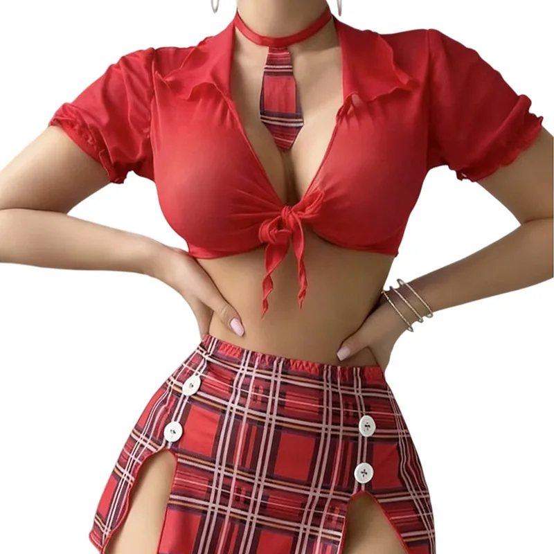 

Red Women's Roleplay Lingerie Set Sexy Soft Uniform-Inspired Lingerie Set Sheer Mesh Top & Plaid Slit Skirt Lingerie Set