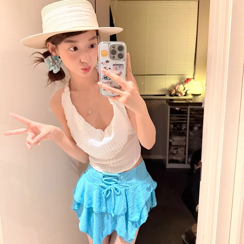 2026 New Korean Fresh Style Skirted Split Swimsuit 2-Piece Women High End Sexy Pure Desire Small Bust Swimwear