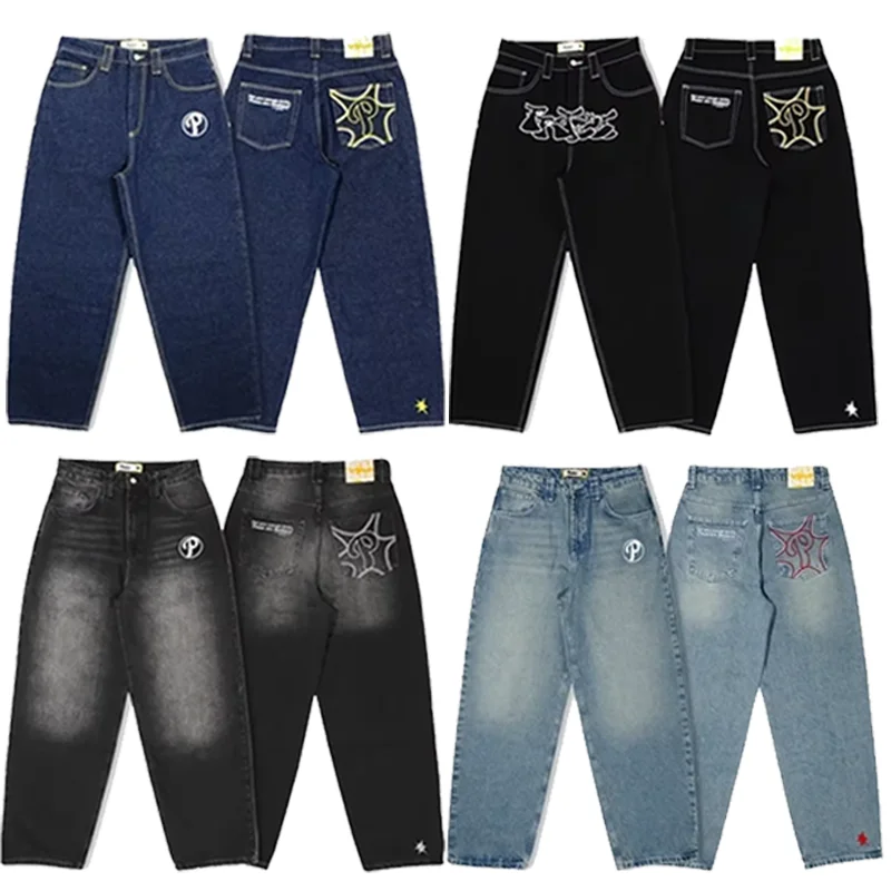 Homens e mulheres Vintage Baggy Jeans, Alta Qualidade, Padrão Bordado, Hip Hop, Gótico, Harajuku, Perna Larga, Streetwear, Moda, Y2K