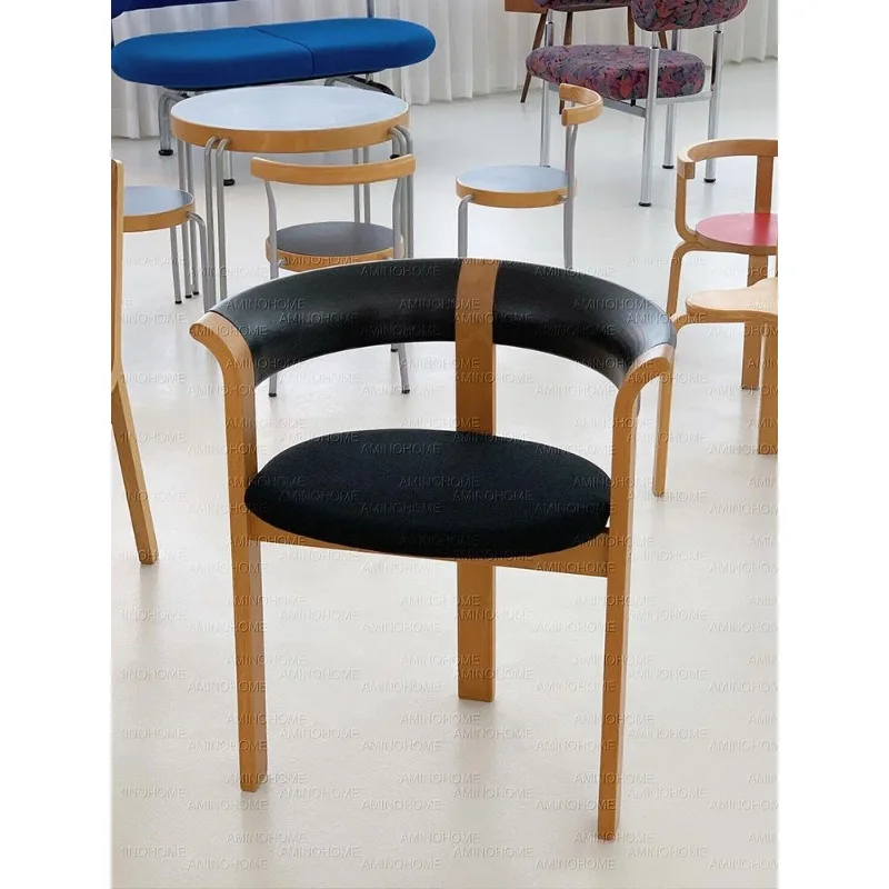 Medieval dining chair designer artistic sense solid wood desk backrest single chair, dining table black leather chair