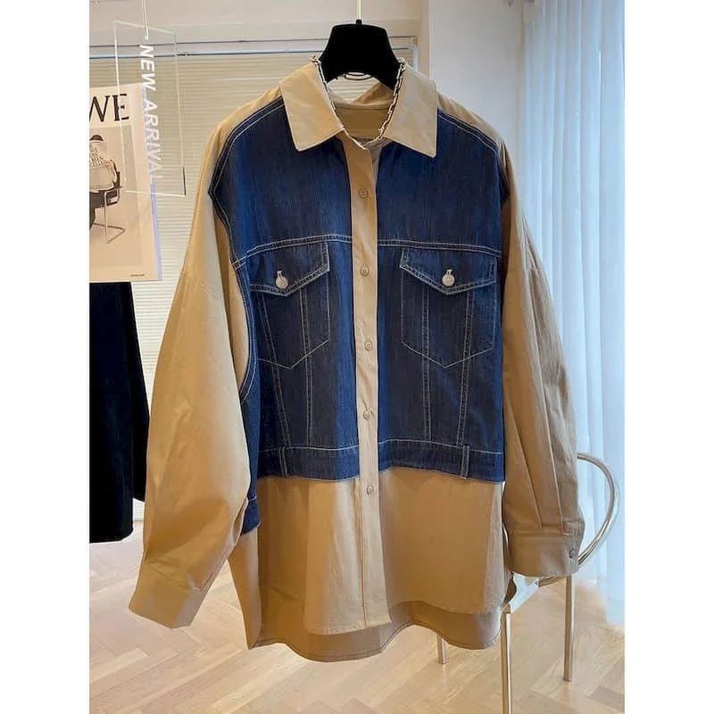 

Shirts for Women Polo-neck Korean Style Oversized Denim Patchwork Fake Two Pieces Long Sleeve Blouses Casual Loose Women Tops