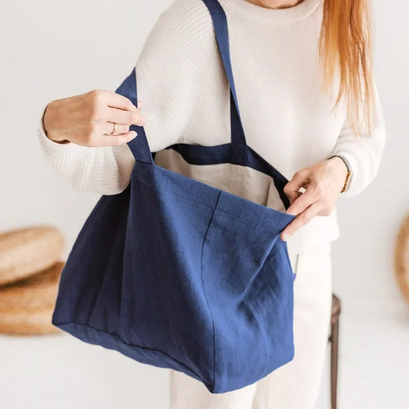 Harajuku Korean 2024 Women Retro Cotton Linen Shopping Bags Large Casual Solid Color Foldable Beach Handheld Shoulder Bags